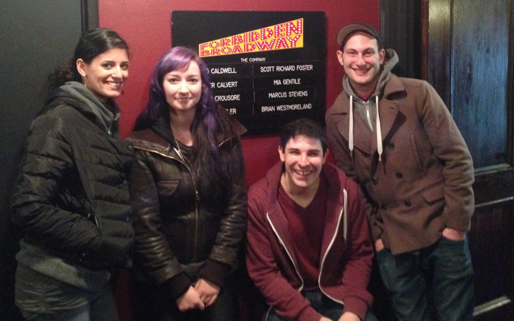 (L-R): Divya Maus, Colleen, Marcus Stevens and Akiva visiting Marcus after his performance in Forbidden Broadway